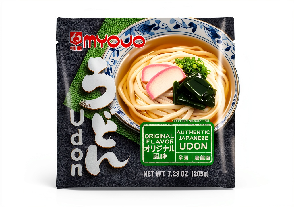 Myojo Udon Noodles package displayed on a kitchen counter