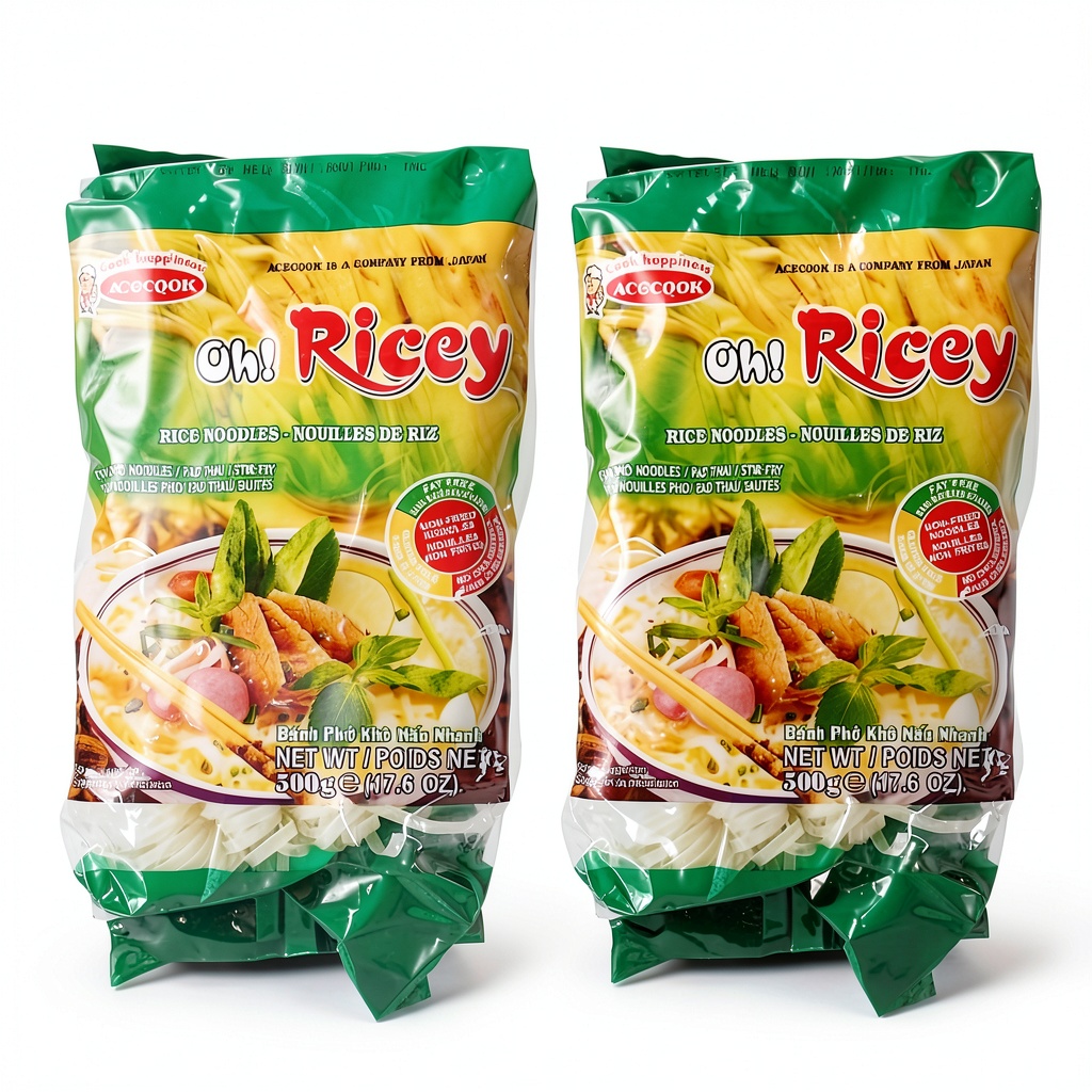 Close‑up of Acecook non fried rice noodles being soaked in hot water on a kitchen counter