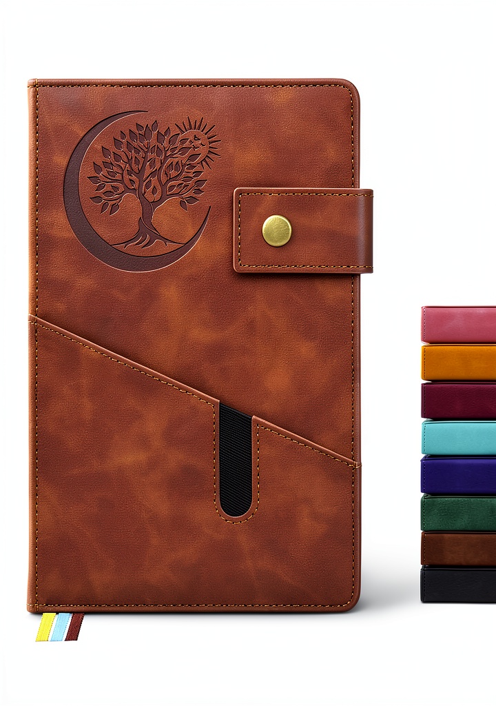 PAIBAS A5 lined notebook with faux leather cover displayed on a desk