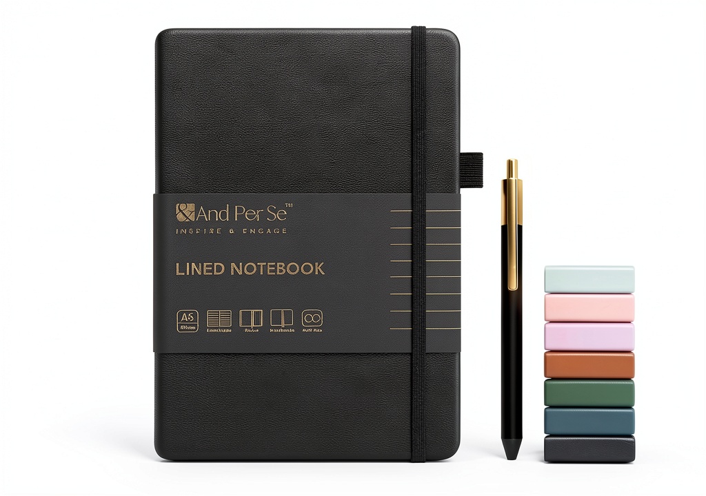 A5 leather journal with pen holder on a wooden desk