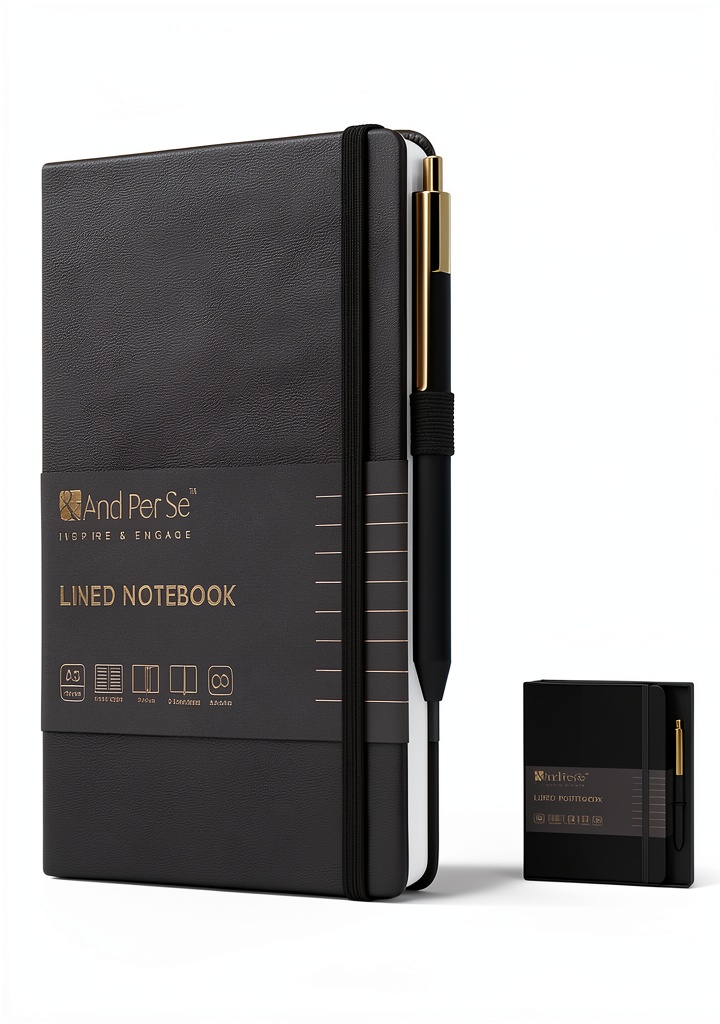Installing And Per Se Leather Journal Set with Gift Box Cyan on a wooden desk