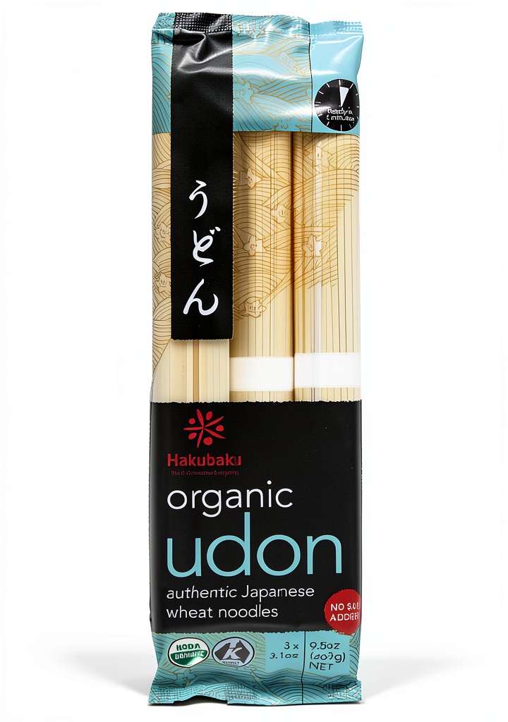 Hakubaku Udon Noodles package display with ingredients list