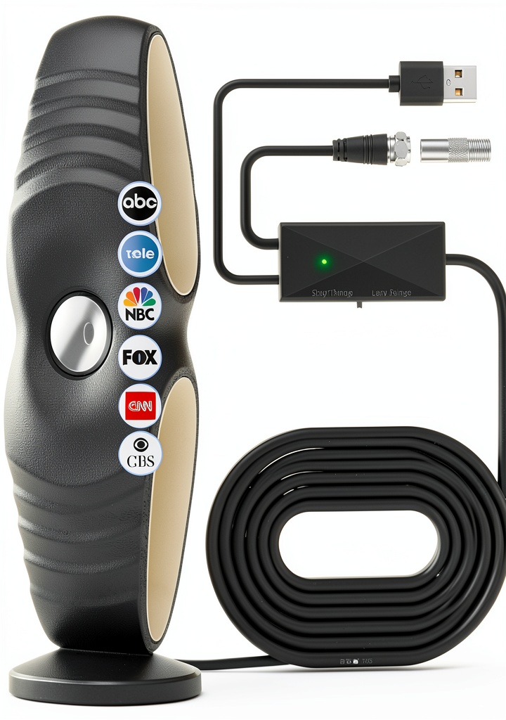 Fronguld indoor TV antenna installed on a metal bookshelf